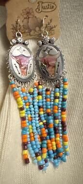 Justin Earrings New Western Beaded Fringe Dangle Silver Rodeo Cowgirl Large NWT